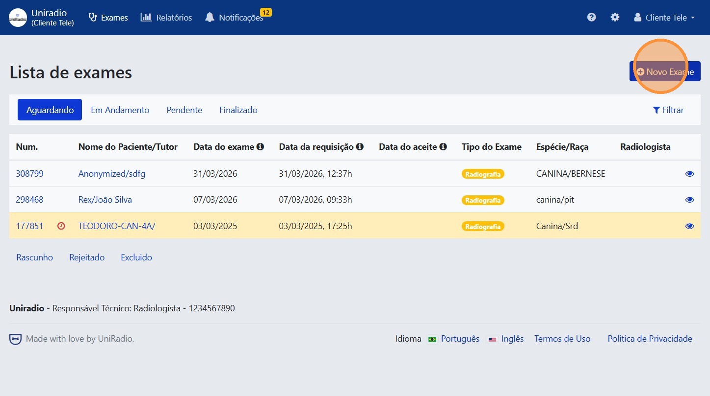 Botão Novo Exame