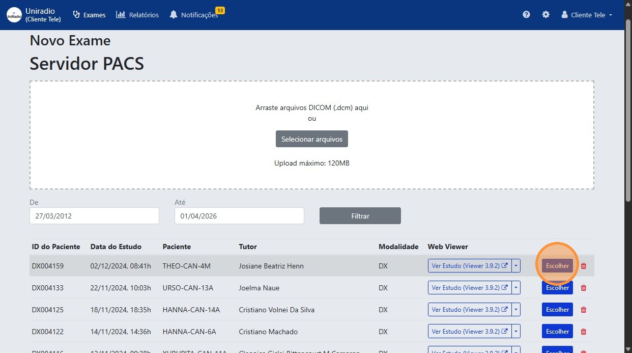 Escolher exame do PACS