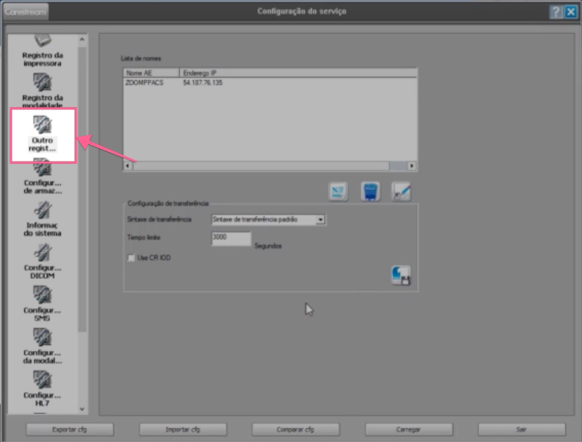 Service Configuration screen with "Other reg..." option highlighted