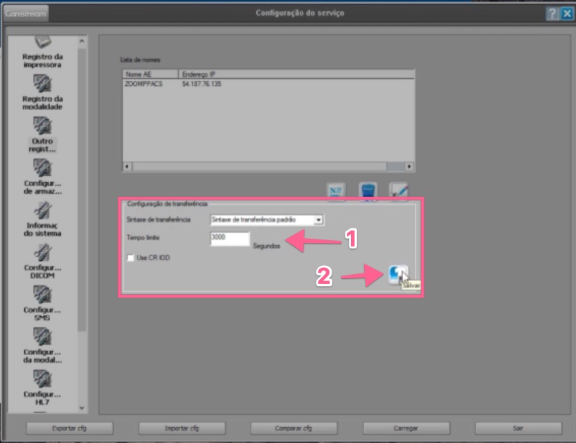 Transfer Configuration section with Timeout at 3000 and Save button highlighted