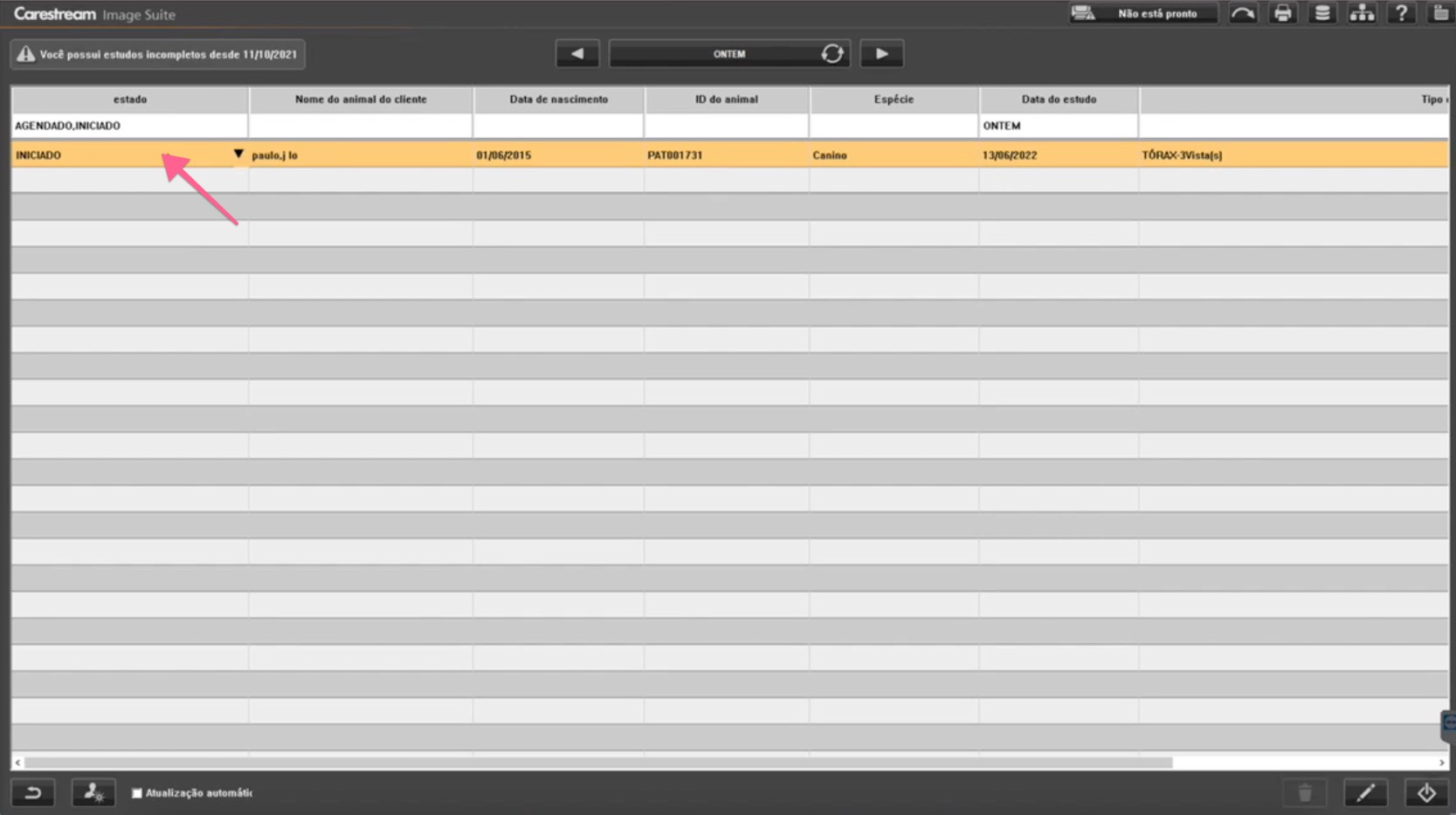 Study list with a selected exam showing "STARTED" status
