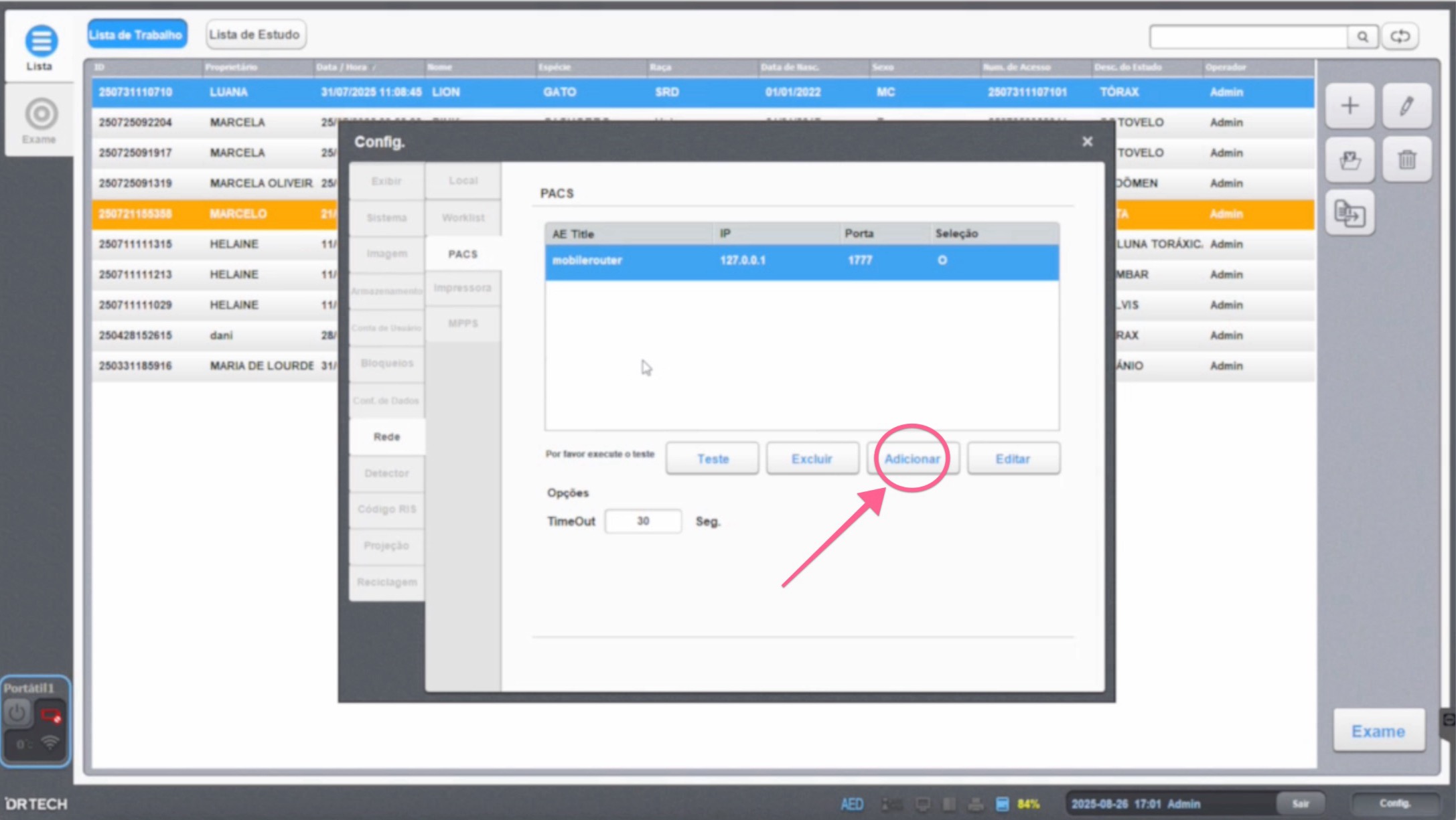 Config. window on the PACS section with the Add button highlighted