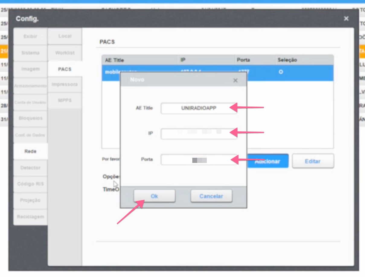 New form with AE Title, IP and Port fields filled in and Ok button highlighted