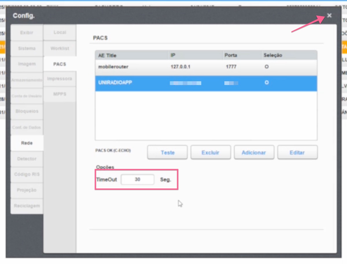 PACS window showing the UNIRADIOAPP server added with PACS OK status and TimeOut highlighted