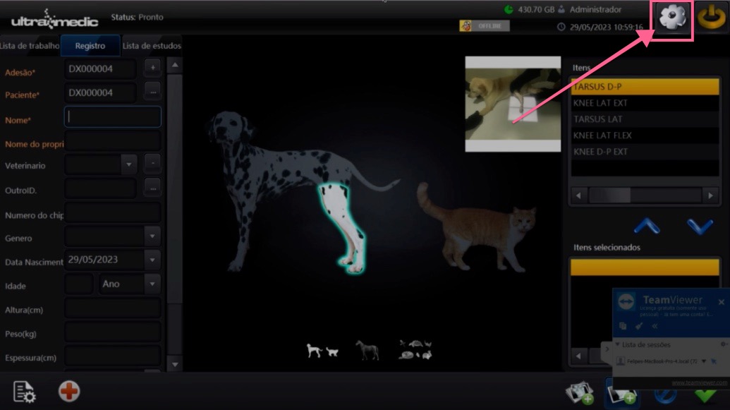 Ultramedic main screen with the gear icon highlighted in the upper-right corner