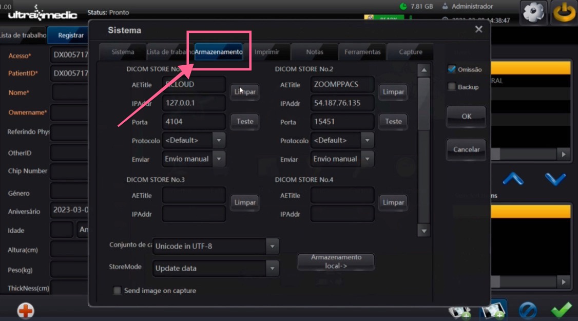 System window with the Storage tab highlighted, showing the DICOM STORE fields