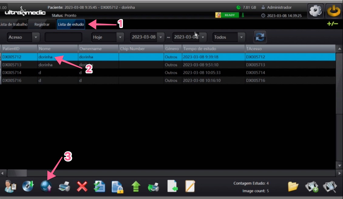Study list with the "Study List" tab, selected exam and DICOM send icon highlighted