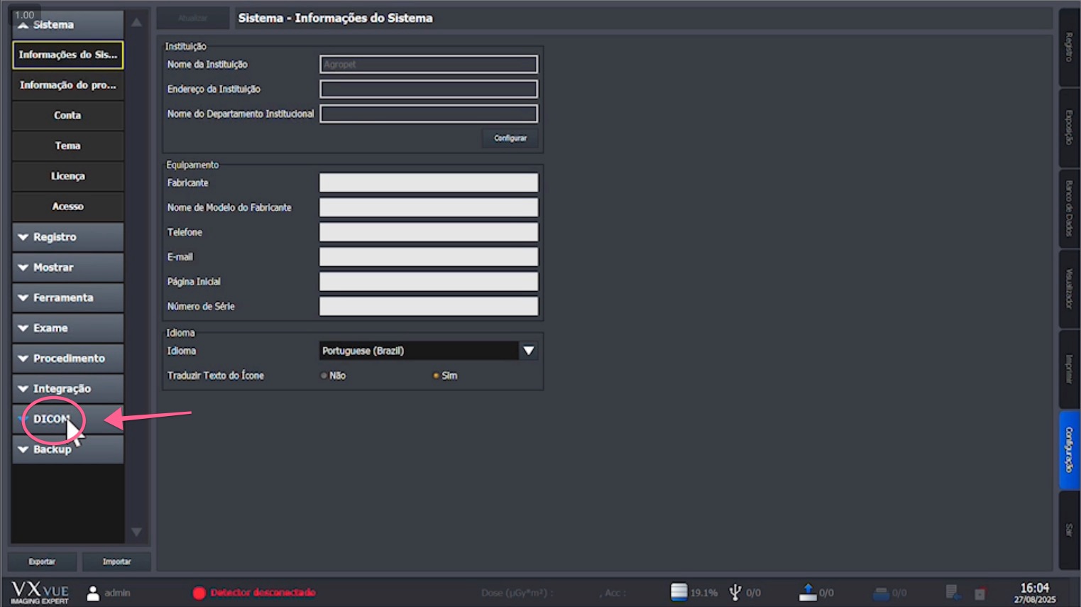 Settings tree with the DICOM option highlighted inside the Integration group