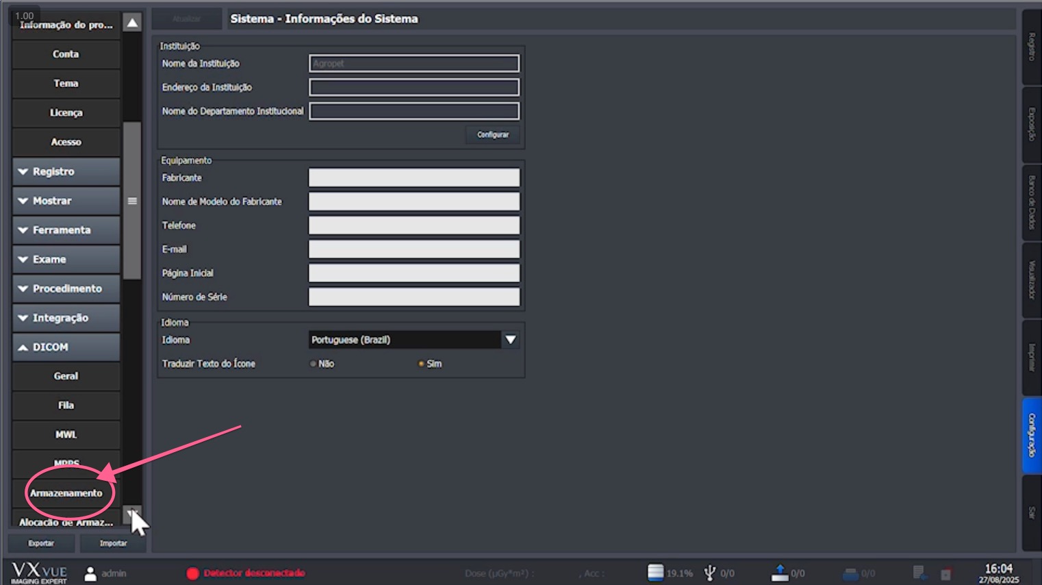 Expanded DICOM menu with the Storage option highlighted