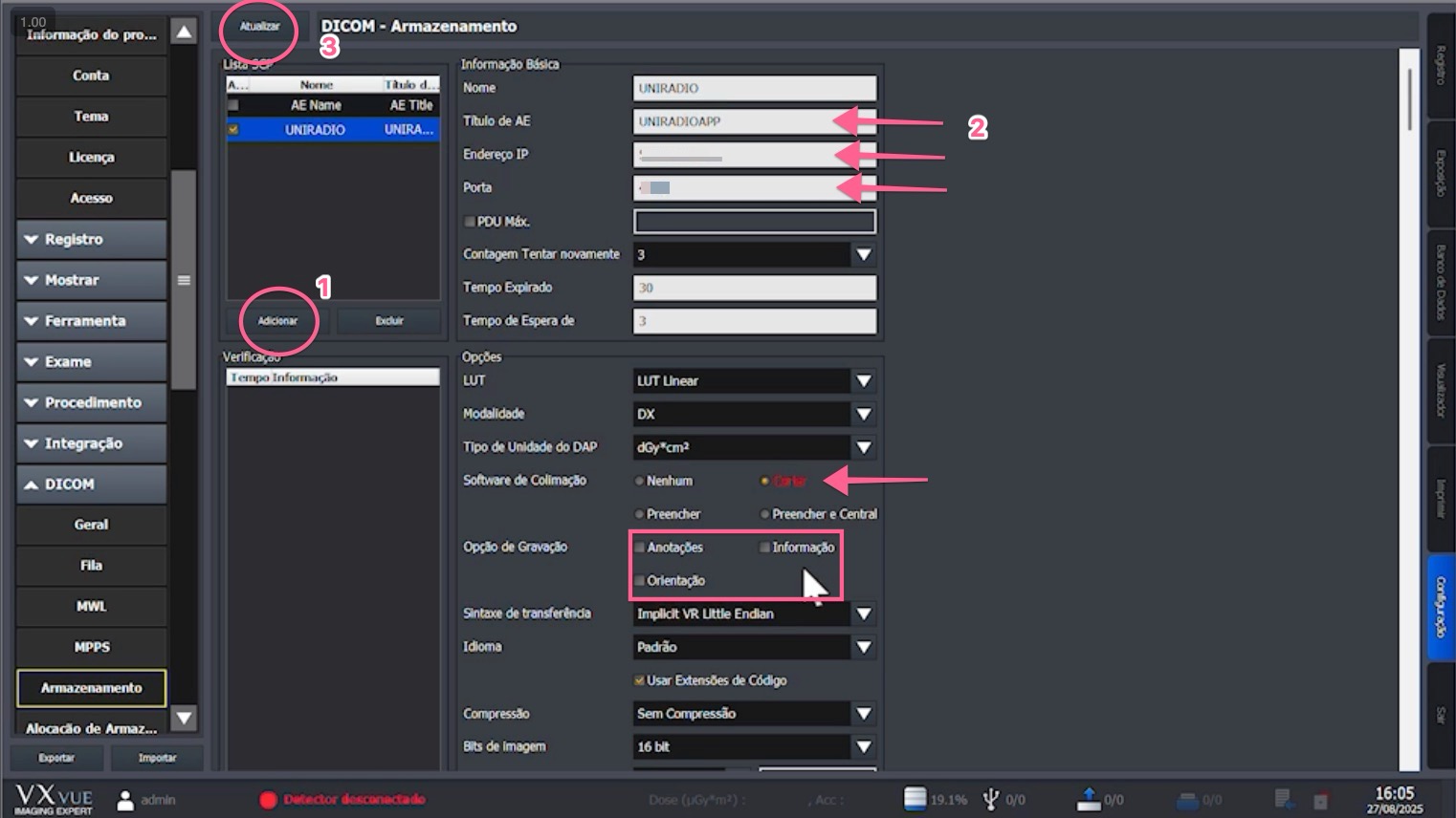 DICOM Storage screen with Name, AE Title, IP and Port fields filled in, and Add and Update buttons highlighted