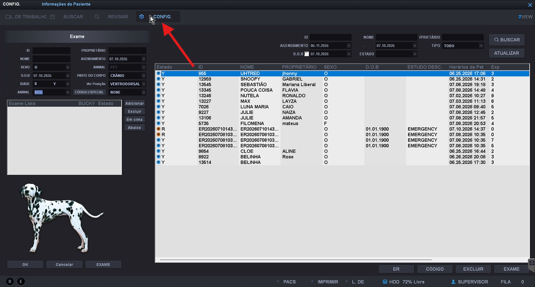 ZView main screen with the CONFIG. button highlighted in the top bar