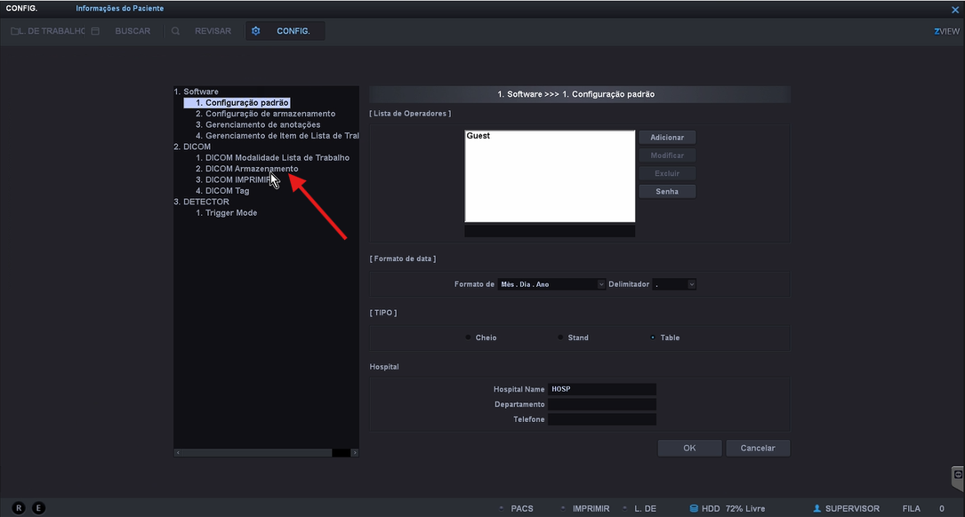 Settings tree with the DICOM Storage option highlighted inside the DICOM group