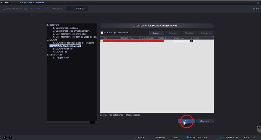 DICOM Storage screen with the registered server in the list and the OK button highlighted