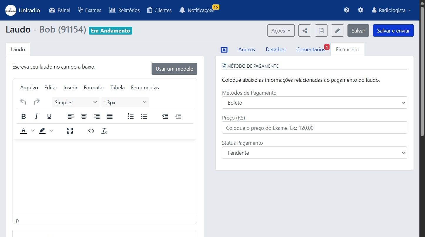 Atualizar informações financeiras