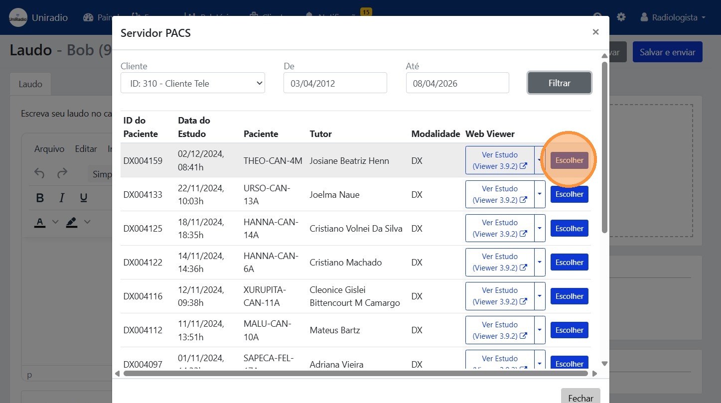 Escolher estudo PACS