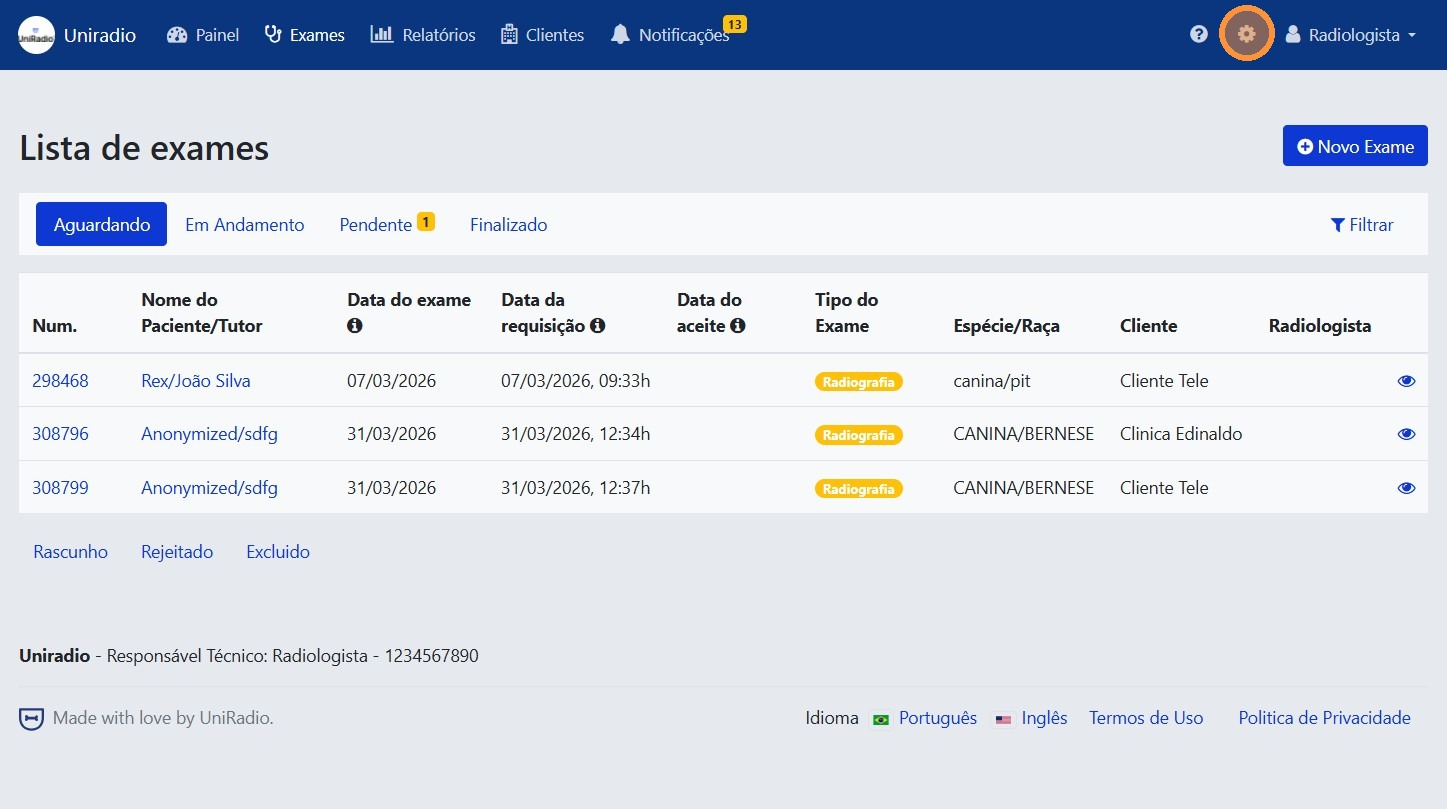 Menu de configurações