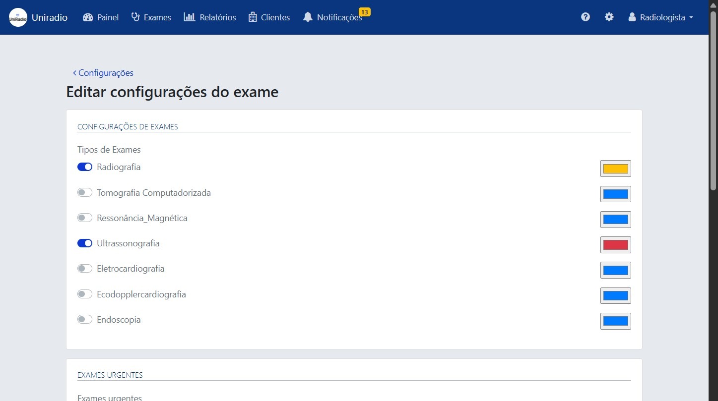 Configurações de exames