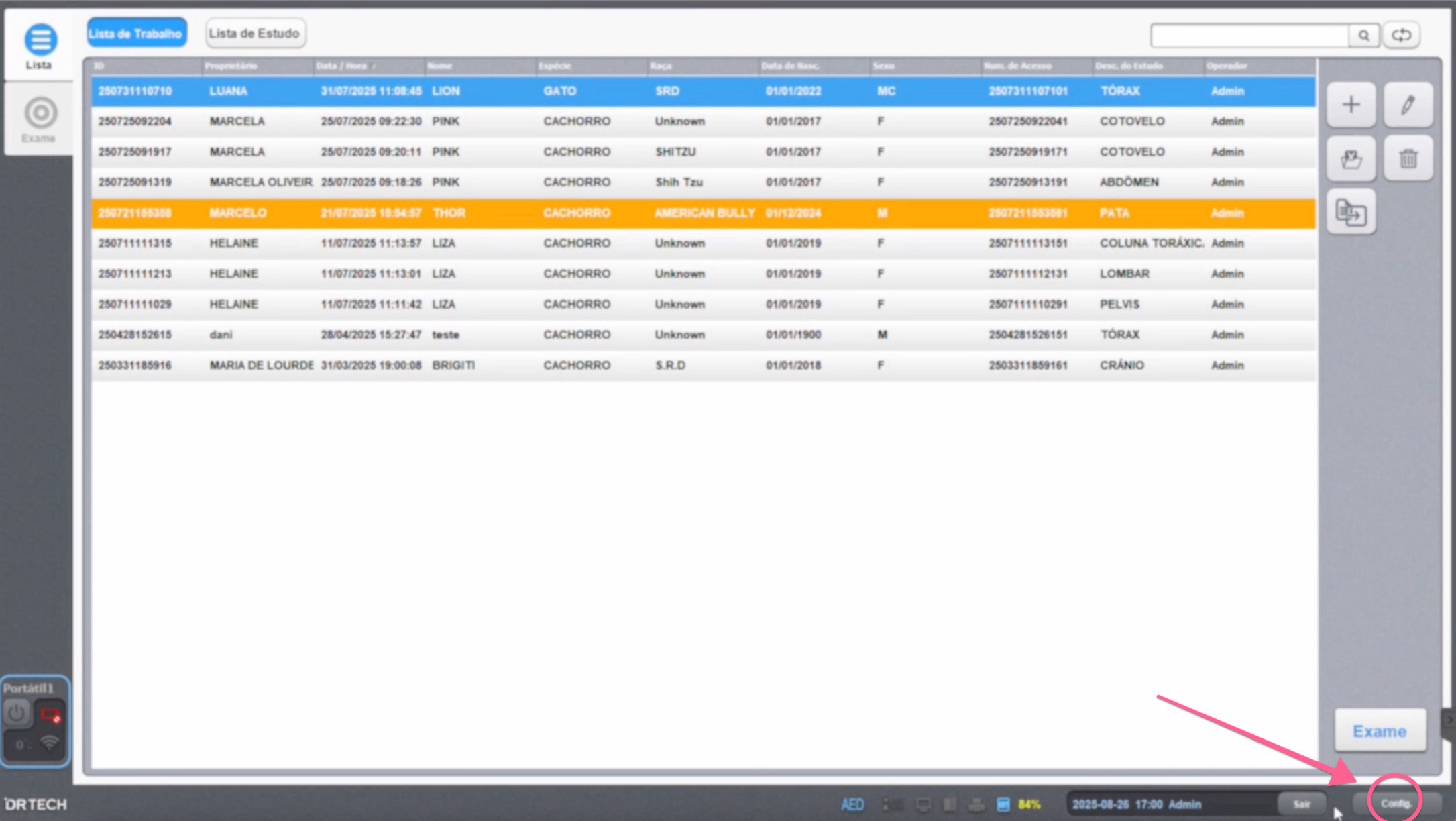 Tela principal do DR Tech com o botão Config destacado na barra inferior direita
