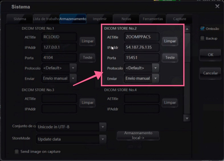 DICOM STORE No.2 com os campos AETitle, IPAddr e Porta preenchidos com os dados do servidor UniRadio