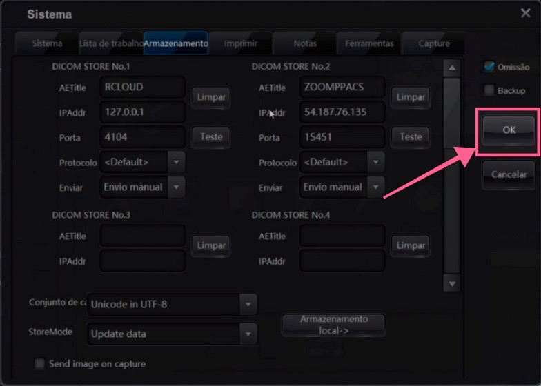 Botão OK destacado na janela de configurações do Sistema