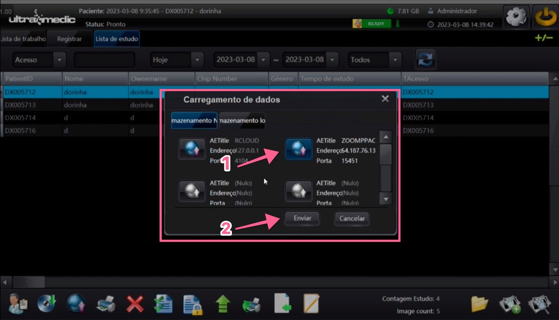 Janela Carregamento de dados com o servidor ZOOMPPACS selecionado e o botão Enviar destacado