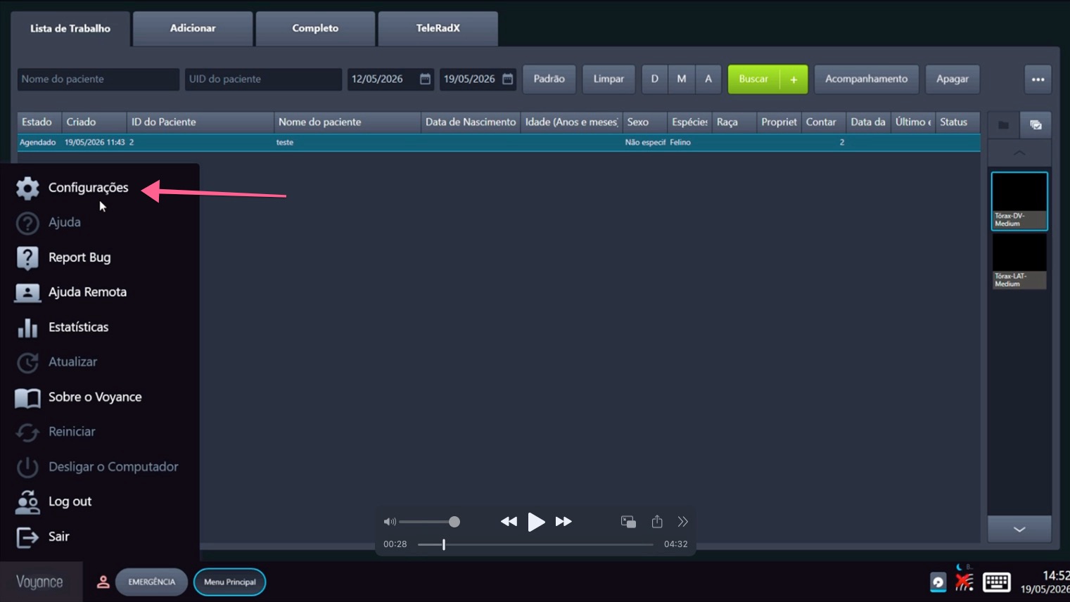 Menu lateral aberto com a opção Configurações destacada