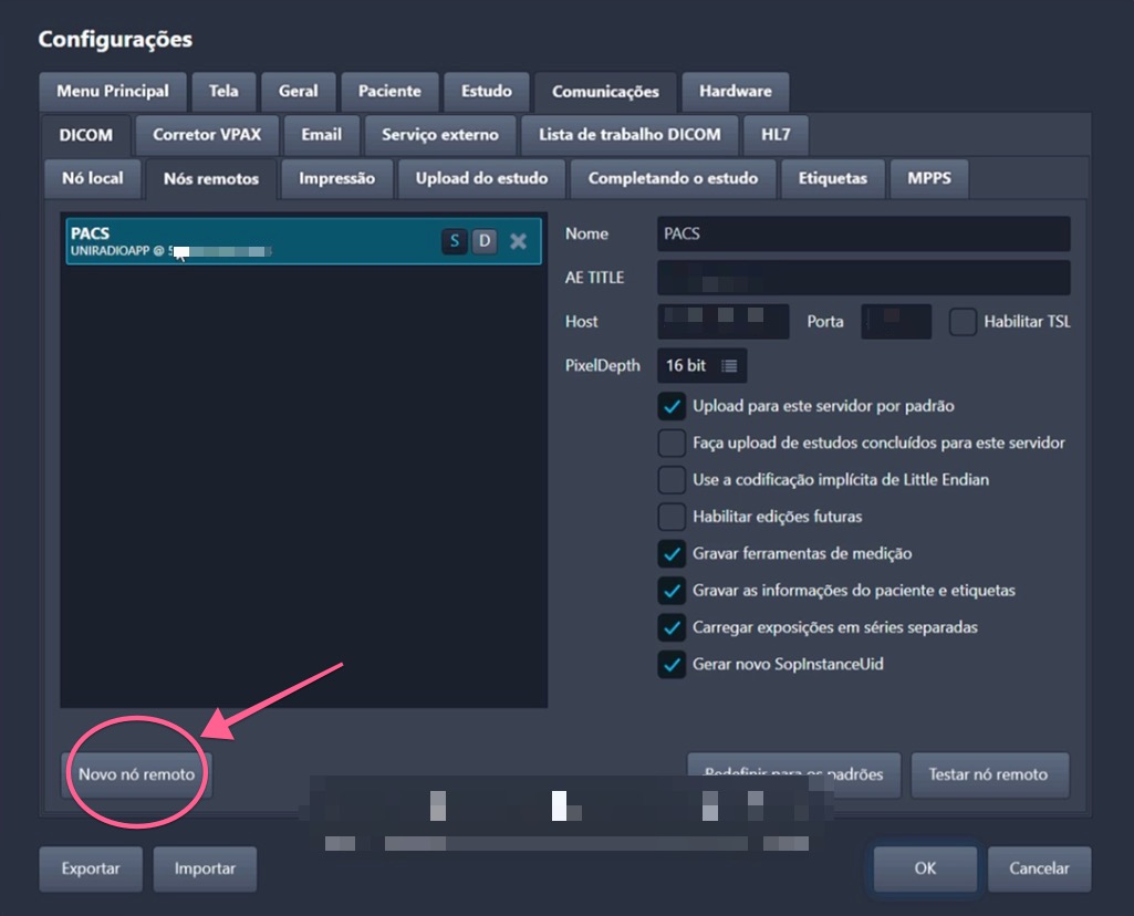 Tela de Nós remotos com o botão Novo nó remoto destacado na parte inferior