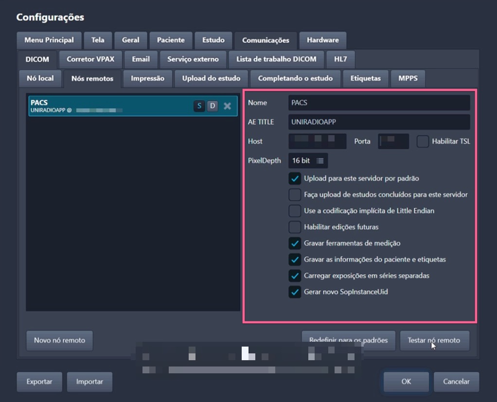 Painel de configuração com os campos Nome, AE TITLE, Host e Porta destacados