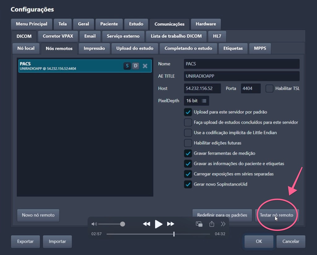Configurações preenchidas com o botão Testar nó remoto destacado