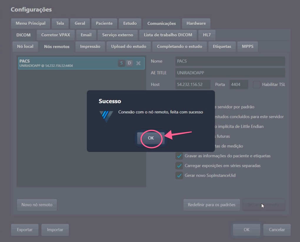 Diálogo de sucesso informando que a conexão com o nó remoto foi realizada com êxito