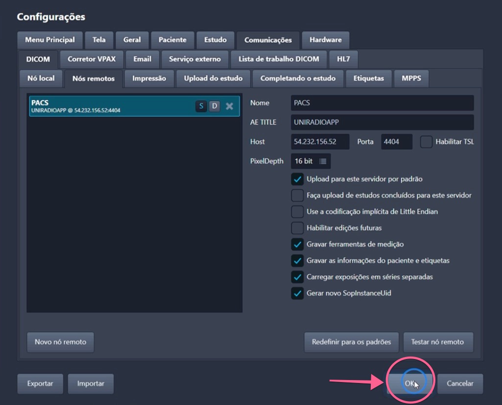 Janela de configurações com o botão OK destacado para salvar